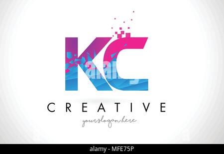 KC K C Schreiben Logo mit gebrochenen Shattered Blau Rosa Dreiecke Textur Design Vector Illustration. Stock Vektor