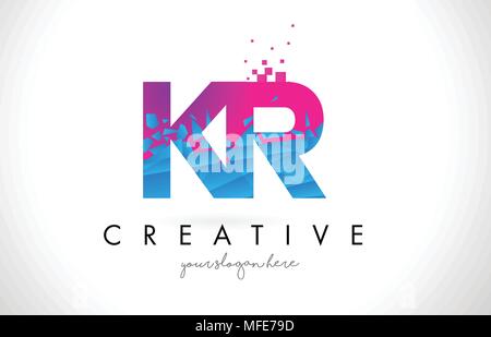 KR K R Schreiben Logo mit gebrochenen Shattered Blau Rosa Dreiecke Textur Design Vector Illustration. Stock Vektor