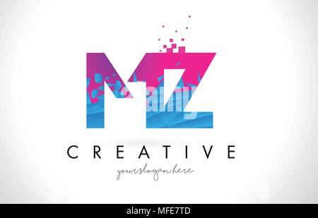 MZ M Z Schreiben Logo mit gebrochenen Shattered Blau Rosa Dreiecke Textur Design Vector Illustration. Stock Vektor