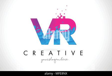 VR V R Schreiben Logo mit gebrochenen Shattered Blau Rosa Dreiecke Textur Design Vector Illustration. Stock Vektor