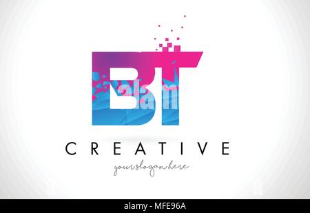 BT B T Schreiben Logo mit gebrochenen Shattered Blau Rosa Dreiecke Textur Design Vector Illustration. Stock Vektor