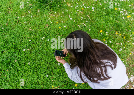 Ansicht von oben in die Hände von jugendlichen Mädchen, die Bilder von Blumen mit Handy. Stockfoto