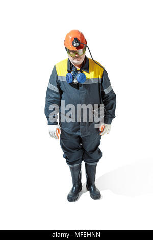 Das Studio shot der älteren bärtigen Mann bergmann an der Kamera auf einem weißen Hintergrund. Stockfoto