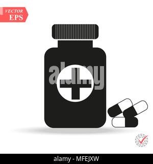 Medizin Flasche und Pillen. Schwarze und weiße Symbol. Vector Illustration eps Stock Vektor