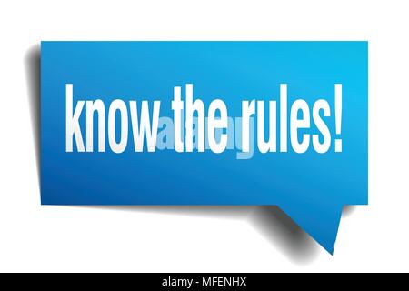 Die Regeln kennen! Blau 3d-Quadrat isoliert Sprechblase Stock Vektor