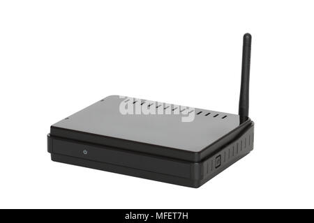 Schwarz Wireless Router auf weißem Hintergrund mit Freistellungspfad isoliert Stockfoto