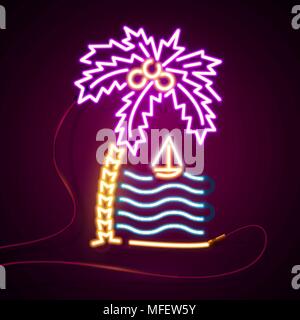 Leuchtende Neon unterzeichnen. Palmen und Sonne, Meer und Insel. Summer night club oder bar Konzept auf dunklem Hintergrund. editable Vector. Stock Vektor