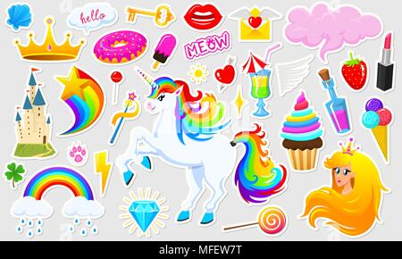 Satz von Mädchen Mode niedlich Patches, fun Aufkleber, Plaketten und Pins. Sammlung verschiedene Elemente. Prinzessin und Einhorn, Lippen und Ponys, Regenbogen und Süßigkeiten. Vektor trendy Abbildung. Stock Vektor
