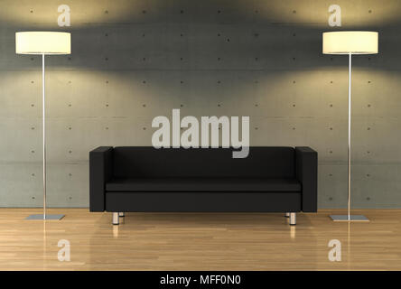 3D-Rendering von einer leeren Wand auf ein modernes Apartment mit modernen Möbeln (selbst gestaltet) Stockfoto