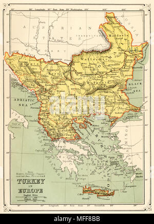 Karte der Türkei in Europa, 1870. Gedruckte farbige Lithographie Stockfoto