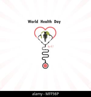 Globus-Zeichen, menschlichen Symbol und Stethoskop Symbol mit Herz-Form-Vektor-Logo-Design-Vorlage. Welt-Gesundheitstag-Symbol. World Health Day Idee Kampagne Konzept f Stock Vektor