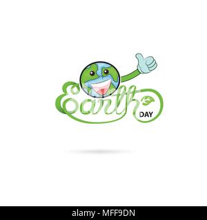Tag der Erde typografischen Gestaltungselemente mit Globus niedlichen Charakter. Happy Earth Day hand Schriftzug Symbol. Happy Earth Day Logo Design für Grüße Symbol. Stock Vektor