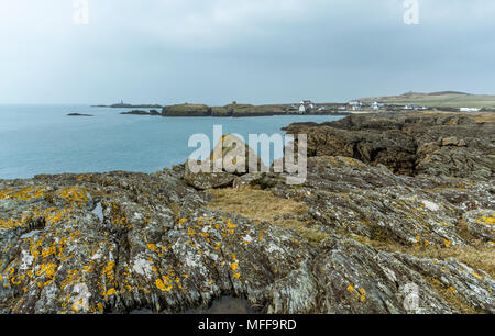 Ein Blick auf die zerklüftete Küste bei Rhoscolyn auf Anglesey. Stockfoto