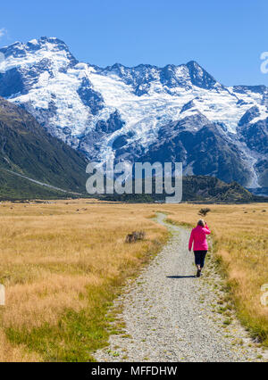 Neuseeland Südinsel Neuseeland Frau Tourist (Model Released) Wandern auf der Promenade von Cook Nationalpark South Island, Neuseeland Mount Stockfoto