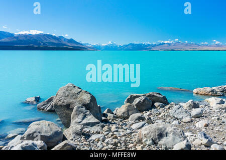 Neuseeland Südinsel Neuseeland Blick auf Mount Cook vom Ufer des Lake Pukaki Mount Cook Nationalpark Neuseeland Südinsel Southland Stockfoto