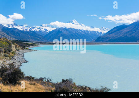 Neuseeland Südinsel Neuseeland Blick auf Mount Cook vom Ufer des Lake Pukaki Mount Cook Nationalpark Neuseeland Südinsel Southland Stockfoto