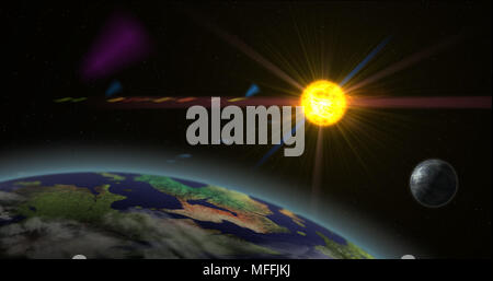 Erdähnliche Exoplaneten in fremden Sonnensystem mit Sun Star. Fernen Kosmos Exploration. Planeten, Monde, Sonne und Nebel galaxy Wolken im Hintergrund. Stockfoto