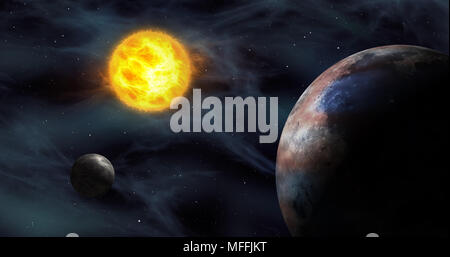 Erdähnliche Exoplaneten in fremden Sonnensystem mit Sun Star. Fernen Kosmos Exploration. Planeten, Monde, Sonne und Nebel galaxy Wolken im Hintergrund. Stockfoto