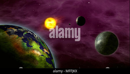 Erdähnliche Exoplaneten in fremden Sonnensystem mit Sun Star. Fernen Kosmos Exploration. Planeten, Monde, Sonne und Nebel galaxy Wolken im Hintergrund. Stockfoto