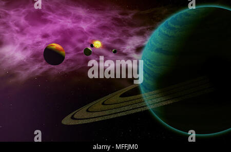 Exoplaneten in fremden Sonnensystem mit Sun Star. Fernen Kosmos Exploration. Planeten, Monde, Sonne und Nebel galaxy Wolken im Hintergrund. Stockfoto