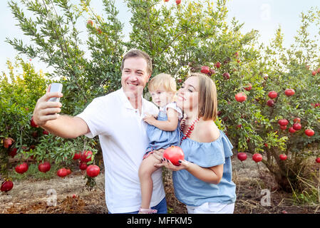 Portrait von lächelnden Eltern mit Baby Mädchen Tochter tun selfie Foto mit Smart Phone in der pomegrate Obst Garten auf den Sonnenuntergang. Happy Family Vaca Stockfoto