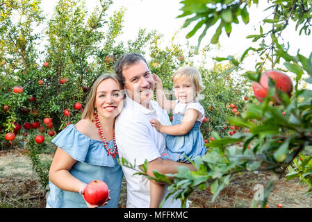 Portrait von Eltern mit Baby Mädchen Tochter in Ruhe und Spaß in der pomegrate Obst Garten auf den Sonnenuntergang. Glückliche Familie Zeit verbringen. Abendlicht. Stockfoto