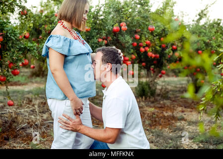 Portrait von Happy Family im pomegrate Obst Garten. Mann kniend und küssen Magen von seiner schwangeren Frau. Fruchtbarkeit Konzept. Abendlicht. Stockfoto