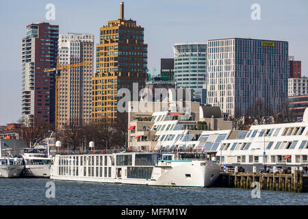 Die Skyline von Rotterdam, auf die Nieuwe Maas, Fluss, Wolkenkratzer, Gebäude in der Stadt, Niederlande, Flusskreuzfahrtschiffe, Stockfoto