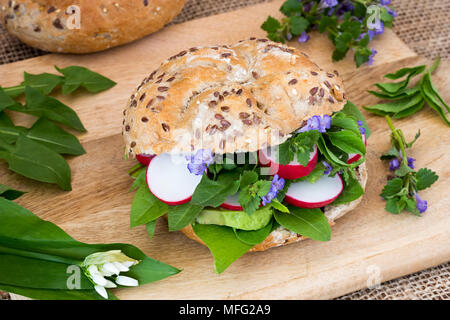 Vegetarische Burger mit Efeu, Bärlauch, Löwenzahn und andere wilde essbare Pflanzen Stockfoto