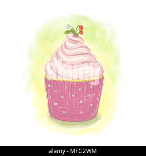 Rosa Cupcake mit Sahne und Erdbeeren auf oben auf den weißen und gelben Hintergrund hochauflösende Abbildung: Cute Stockfoto