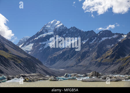 Vergletscherte Landschaft der Neuseeländischen Alpen. Schnee und Gletscher bedeckten Aoraki (Mount Cook) steht hoch über Hooker Lake, wo kleine Eisberge ca Stockfoto