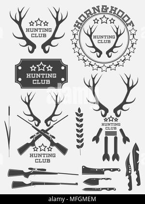 Satz von Vintage Jagd Logo, Etiketten und Abzeichen. Hirsch. Horn. Waffe. Vector Illustration Stock Vektor