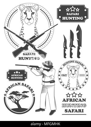 African hunter Safari Labels, Leopard Embleme und gestalterische Elemente. Vector Illustration Stock Vektor