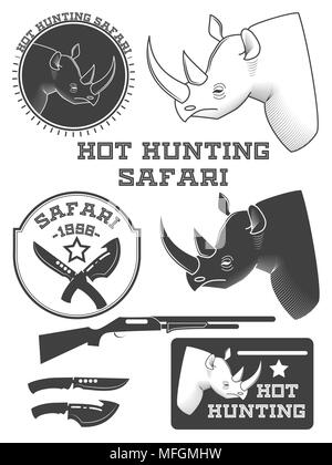 African hunter Safari Etiketten, Rhinoceros, Embleme und gestalterische Elemente. Vector Illustration Stock Vektor