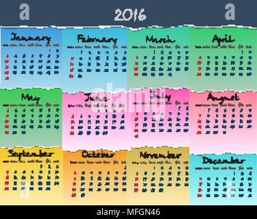 Einfache bunte Kalender für 2016. Woche beginnt Sonntag. Vector Illustration Stock Vektor