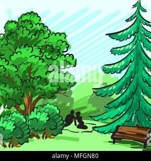 Fichte und grünen Bäumen im Hintergrund. Park, eine leere Bank, ein Paar auf einem Picknick. Corporate Identity ist von Hand gezeichnet. Vector Illustration Stock Vektor