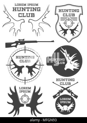 Satz von Vintage Jagd Logo, Etiketten und Abzeichen. Hirsch. Horn. Waffe. Vector Illustration Stock Vektor