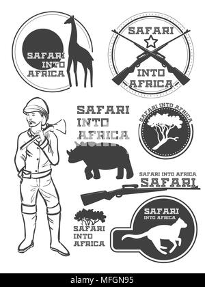 Safari in Afrika. Giraffen, Nashörner, Geparden und Jäger mit Waffe. Vintage Style. Es kann als Logo verwendet werden. Vector Illustration Stock Vektor