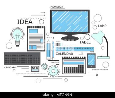 Macht des Wissens, Lernen, Ausbildung in angewandter Wissenschaft, Computer Technologie für die Studie. Modernes Konzept. Line Art. Vector Illustration Stock Vektor