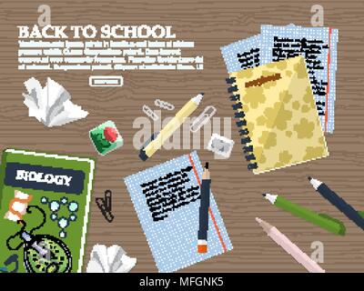 Zusammensetzung zurück in die Schule mit schoolbook, Schulhefte, Schreibwaren und Bürobedarf. Vector Illustration Stock Vektor