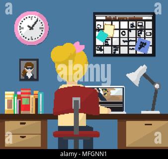 Abbildung: Arbeitsplatz im Zimmer. Mädchen bei der Arbeit. Flat Style. Vector Illustration Stock Vektor