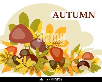 Schönen Hintergrund mit Blättern von Pilzen und Eicheln für Ihre Grußkarte oder herzlichen Glückwunsch. Vector Illustration Stock Vektor