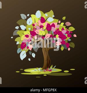 Eine ungewöhnliche Baum mit bunten Blättern ist mit der Wirkung von Farben gemalt. Vector Illustration Stock Vektor