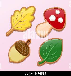 Blatt, Pilz, Acorn in Form von Cookies auf dem Hintergrund. Herbstliche Stimmung. Vector Illustration Stock Vektor