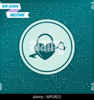Lock Icons. Eine einfache Silhouette der Zuhaltung der Tür. Form eines Herzens. auf grünem Hintergrund, mit Pfeile in verschiedene Richtungen. Es erscheint auf Stock Vektor
