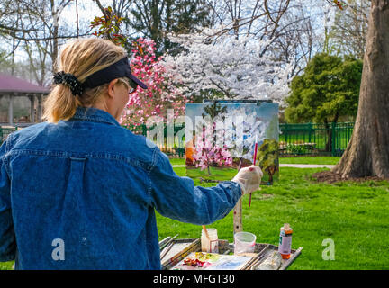 Ältere Frau Malerei in einem öffentlichen Garten im Frühling in Missouri; die Malerei und die Themen sind klar erkennbar Stockfoto