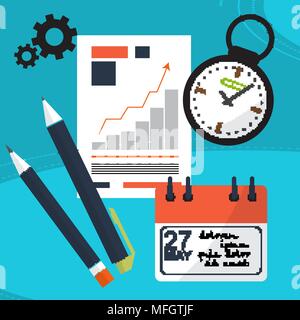 Planung Workflow. Vor dem Hintergrund der Office Produkte wie Uhren, Kugelschreiber, Kalender, Zeitplan. Vector Illustration Stock Vektor