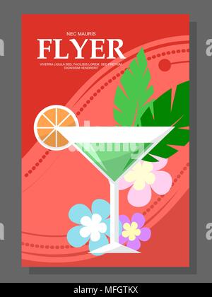 Flyer mit einem Cocktail am Strand. Blumen auf sonniges Wetter. Vector Illustration Stock Vektor