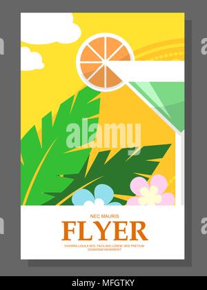 Flyer mit einem Cocktail am Strand. Blumen auf sonniges Wetter. Vector Illustration Stock Vektor