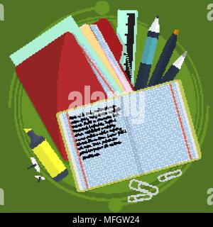 Bücher und Schule. Schreiben und Zeichnen in zoshite. Büro prednadlezhnosti und Studienfächer. Zurück zu Schule. Vector Illustration Stock Vektor